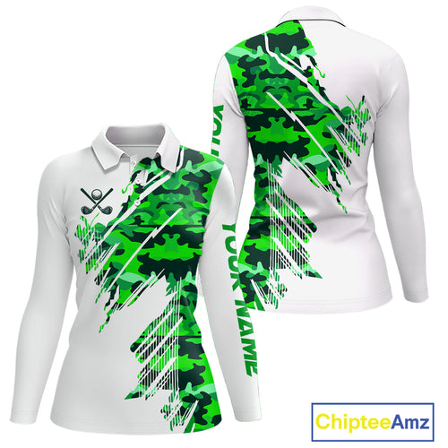 Personalized Women golf polo shirts custom white and green camo ladies golf apparel, golfing gifts NQS10334