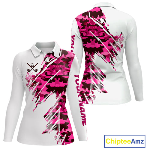Personalized Women golf polo shirts custom white and pink camo ladies golf apparel, golfing gifts NQS10335