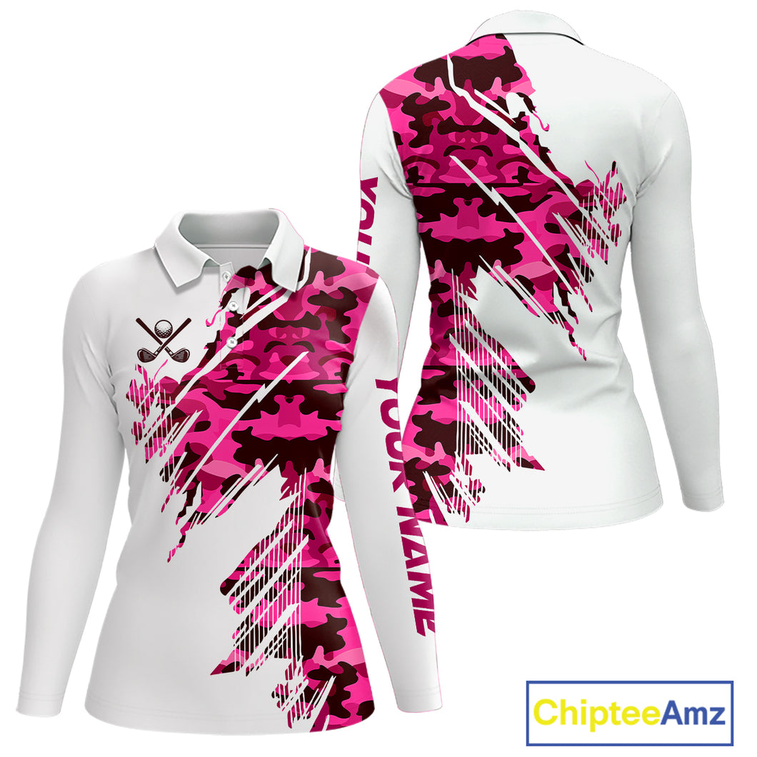 Personalized Women golf polo shirts custom white and pink camo ladies golf apparel, golfing gifts NQS10335