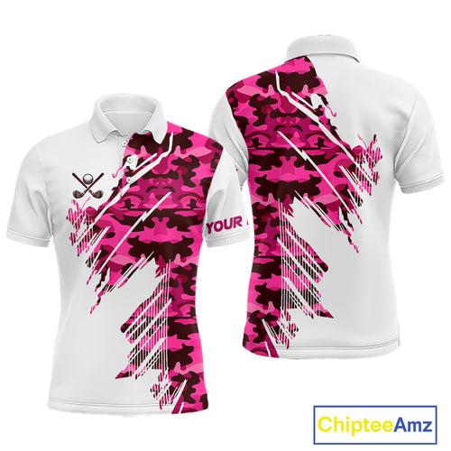 Personalized Mens golf polo shirts custom white and pink camo mens golf apparel, golfing gifts NQS10335