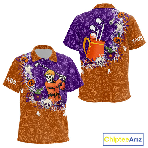 Halloween Skull Playing Golf Kid Golf Polo Shirt Custom Halloween golf outfit For Kid Golf Gifts NQS10340