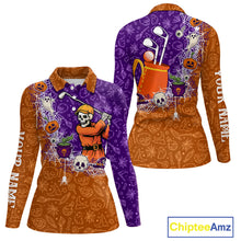 Load image into Gallery viewer, Halloween Skull Playing Golf Women Golf Polo Shirt Custom Halloween golf outfit For Ladies Golf Gifts NQS10340