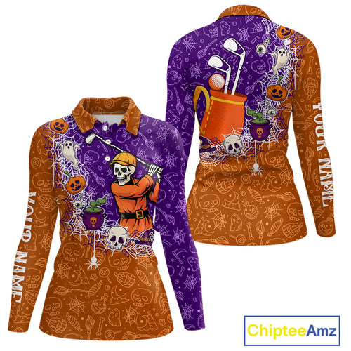 Halloween Skull Playing Golf Women Golf Polo Shirt Custom Halloween golf outfit For Ladies Golf Gifts NQS10340