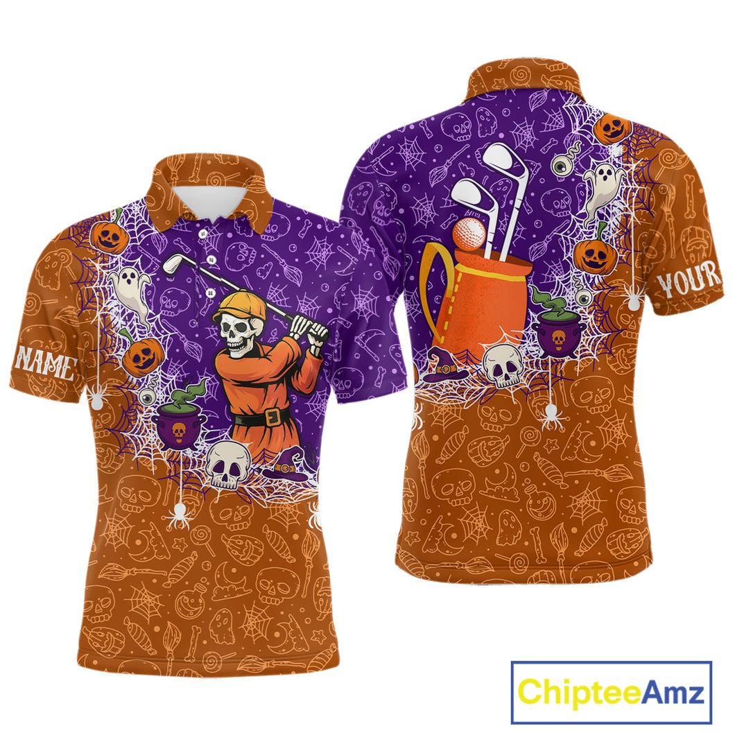 Halloween Skull Playing Golf Mens Golf Polo Shirt Custom Halloween golf outfit For Men Golf Gifts NQS10340