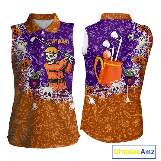 Halloween Skull Playing Golf Sleeveless Polo Shirt Custom Halloween golf outfit For Ladies Golf Gifts NQS10340
