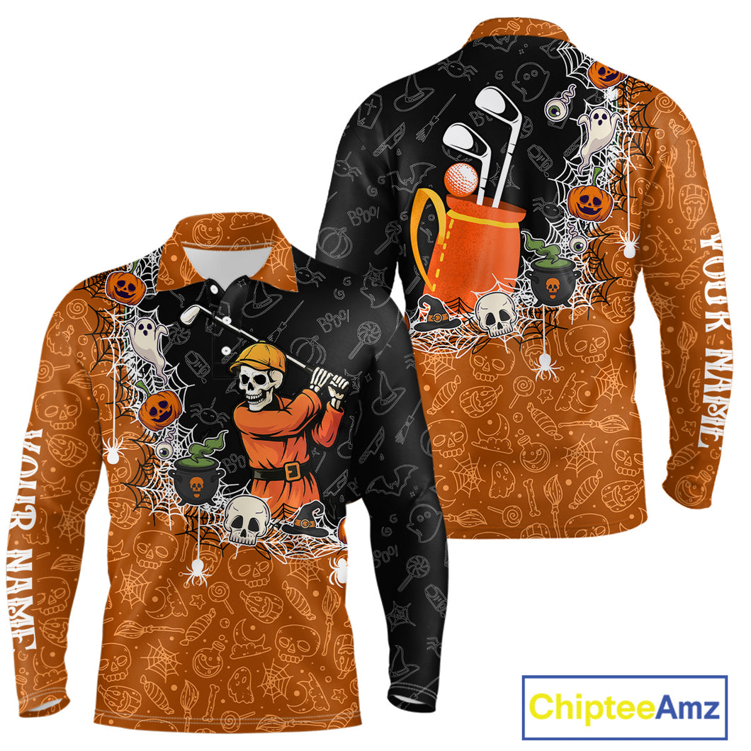Halloween Skull Playing Golf Mens Golf Polo Shirt Custom black and orange Halloween mens golf outfit NQS10341