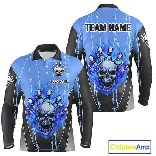 Black and blue flame skull Bowling Polo, 1/4 Zip Shirt for men Custom Team Bowling League Jersey NQS10205