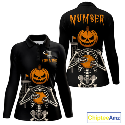 Black and Orange Halloween disc golf skull custom Women disc golf polo shirts, disc golf gifts NQS10788