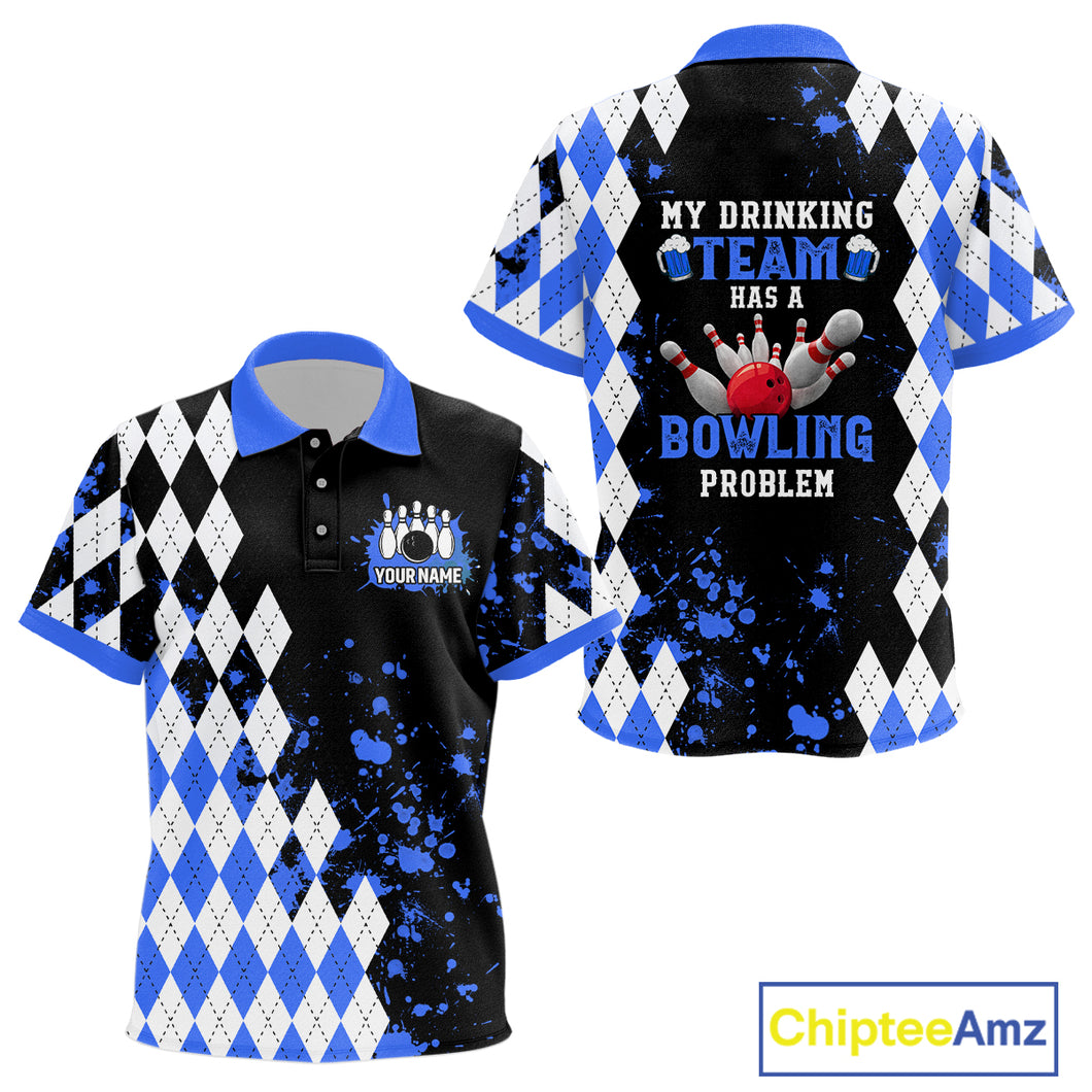 Blue argyle pattern Retro Bowling Kid Polo Shirt Custom My drinking team has a bowling problem NQS9824