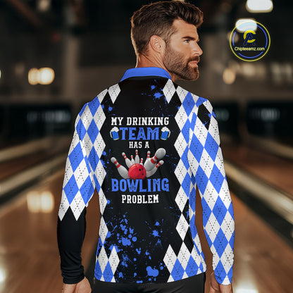 Blue argyle pattern Retro Bowling Shirts For Men Custom My drinking team has a bowling problem NQS9824