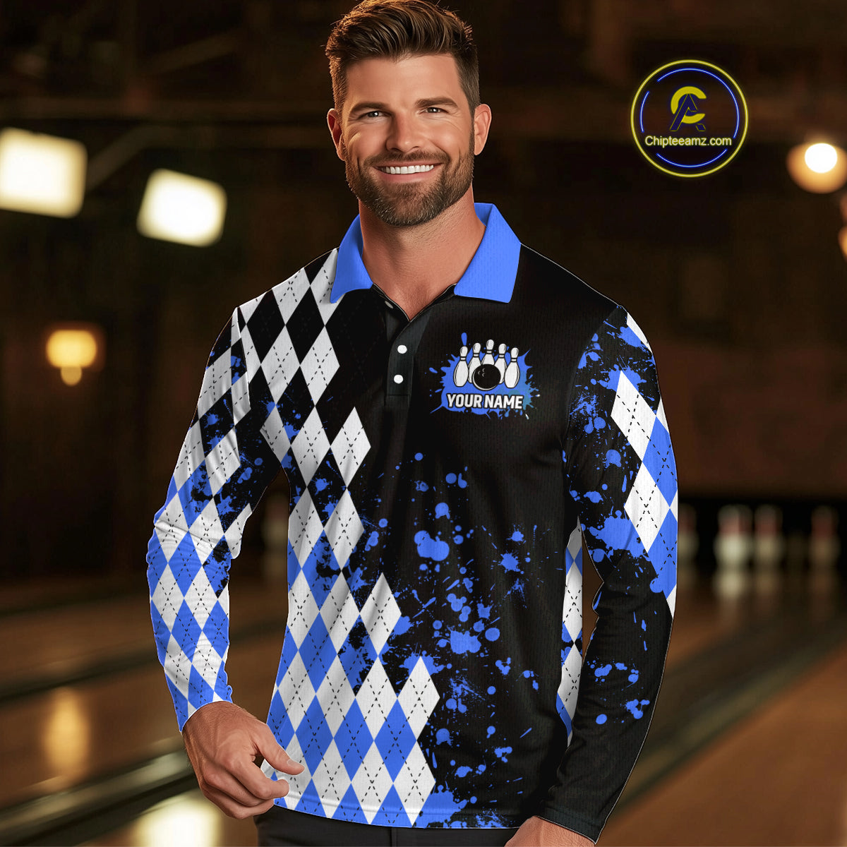 Blue argyle pattern Retro Bowling Shirts For Men Custom My drinking team has a bowling problem NQS9824