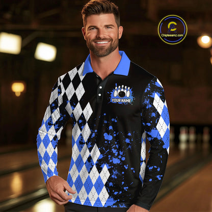 Blue argyle pattern Retro Bowling Shirts For Men Custom My drinking team has a bowling problem NQS9824