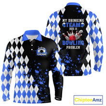 Load image into Gallery viewer, Blue argyle pattern Retro Bowling Shirts For Men Custom My drinking team has a bowling problem NQS9824