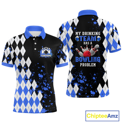 Blue argyle pattern Retro Bowling Shirts For Men Custom My drinking team has a bowling problem NQS9824