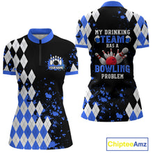 Load image into Gallery viewer, Blue argyle pattern Retro Bowling Shirts For Women Custom My drinking team has a bowling problem NQS9824