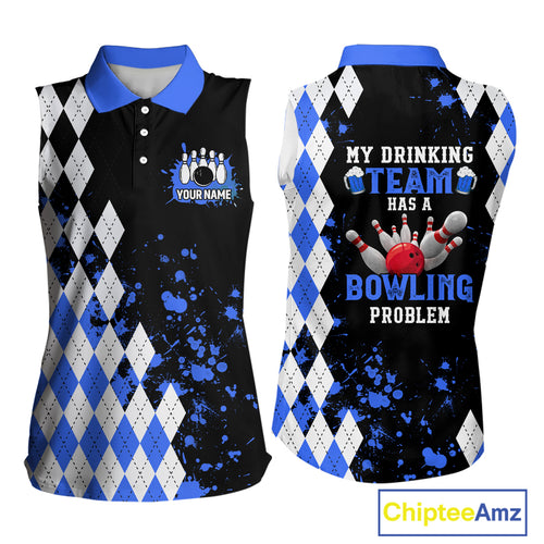 Blue argyle pattern Retro Bowling Sleeveless Polo Shirt Custom My drinking team has a bowling problem NQS9824