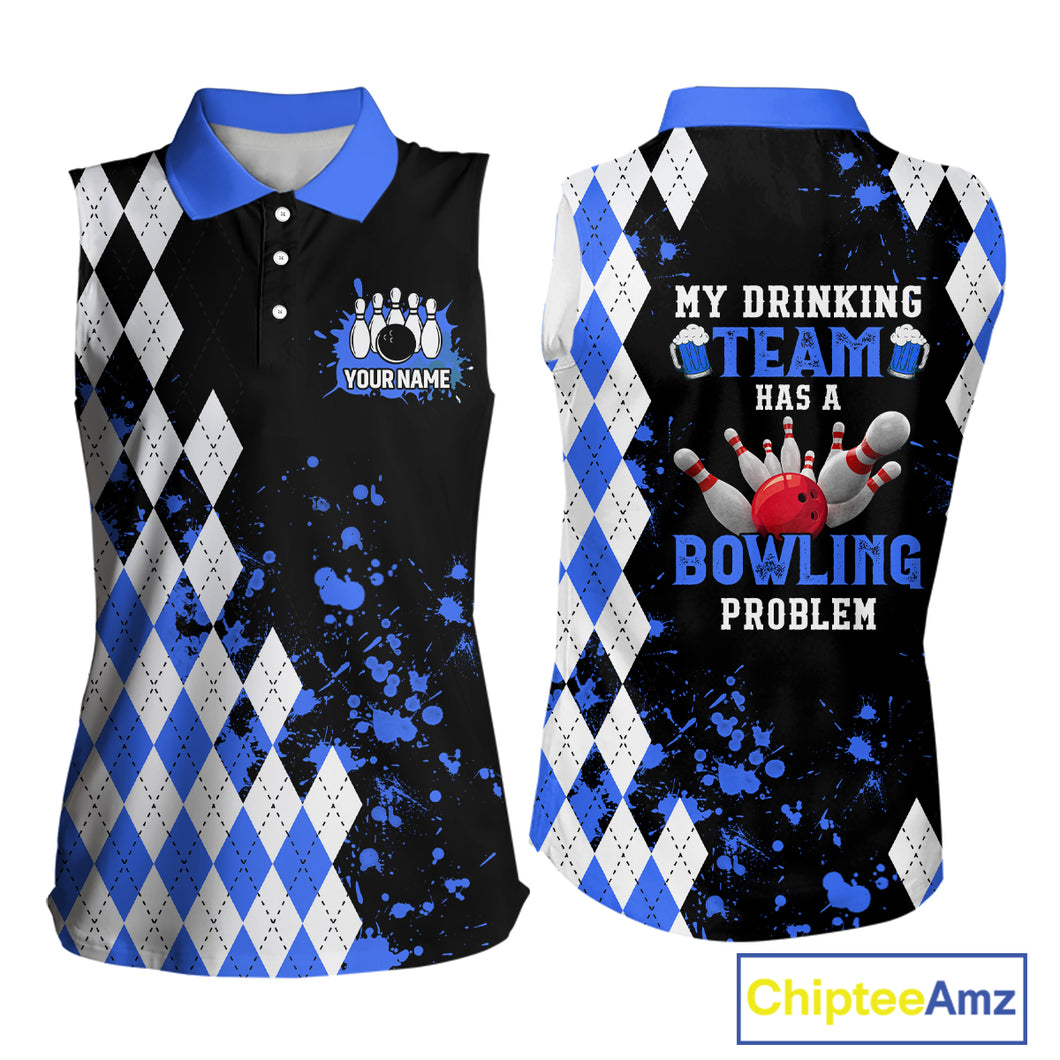 Blue argyle pattern Retro Bowling Sleeveless Polo Shirt Custom My drinking team has a bowling problem NQS9824