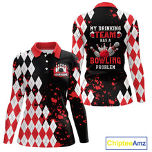Load image into Gallery viewer, Red argyle pattern Retro Bowling Shirts For Women Custom My drinking team has a bowling problem NQS9825