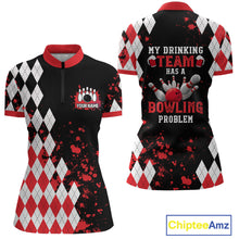 Load image into Gallery viewer, Red argyle pattern Retro Bowling Shirts For Women Custom My drinking team has a bowling problem NQS9825
