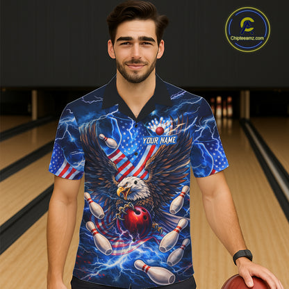 US Flag Eagle Bowling Hawaiian Shirt Custom Blue Lightning Thunder Patriotic Team Bowling Jerseys NQS11581