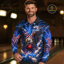 Load image into Gallery viewer, US Flag Eagle Bowling Shirts for Men Custom Blue Lightning Thunder Patriotic Team Bowling Jerseys NQS11581