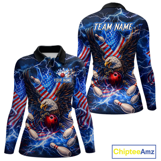 US Flag Eagle Bowling Shirts for Women Custom Blue Lightning Thunder Patriotic Team Bowling Jerseys NQS11581