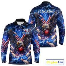 Load image into Gallery viewer, US Flag Eagle Bowling Shirts for Men Custom Blue Lightning Thunder Patriotic Team Bowling Jerseys NQS11581