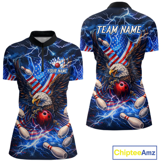 US Flag Eagle Bowling Shirts for Women Custom Blue Lightning Thunder Patriotic Team Bowling Jerseys NQS11581