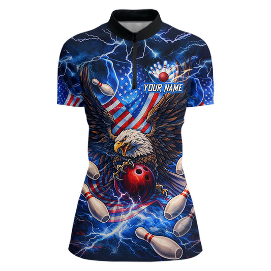US Flag Eagle Bowling Shirts for Women Custom Blue Lightning Thunder Patriotic Team Bowling Jerseys NQS11581