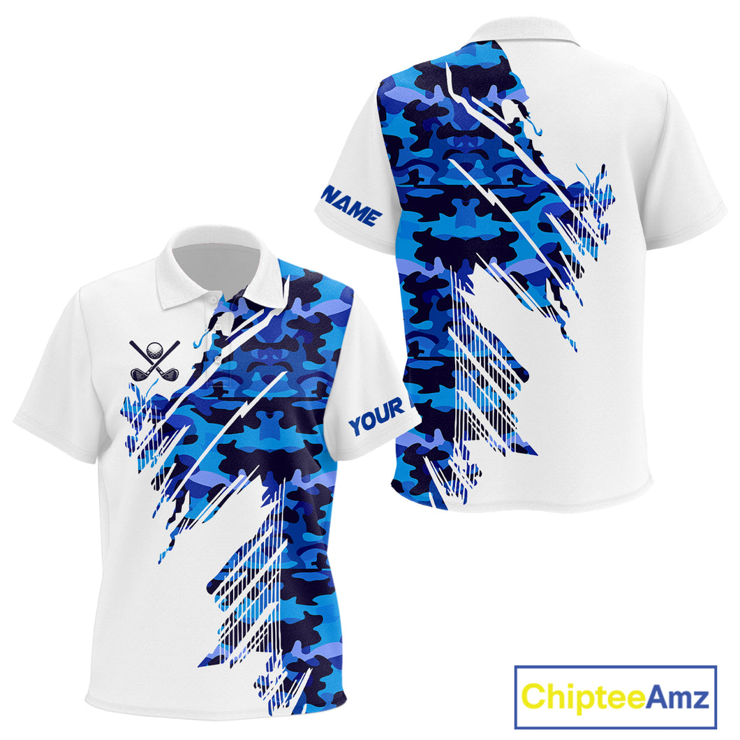 Personalized Kid golf polo shirts custom white and blue camo Kid golf apparel, golfing gifts NQS10073