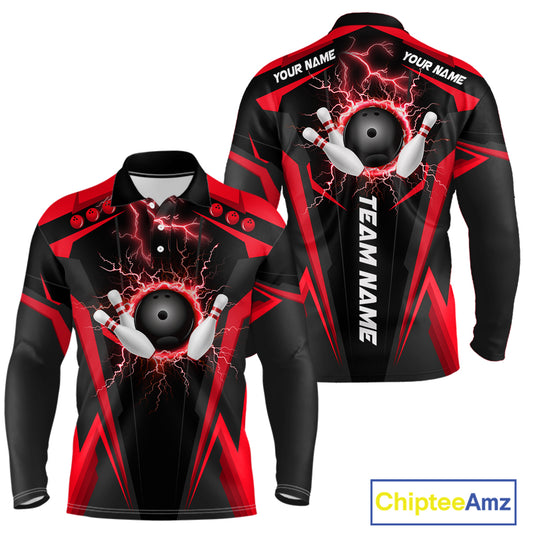 Black Mens bowling Polo, Quarter Zip shirt Custom lightning thunder team league bowling jerseys | Red NQS10373