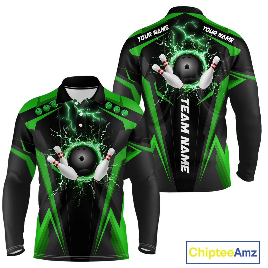 Black Men bowling Polo, Quarter Zip shirt Custom lightning thunder team league bowling jersey | Green NQS10374