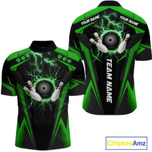 Load image into Gallery viewer, Black Men bowling Polo, Quarter Zip shirt Custom lightning thunder team league bowling jersey | Green NQS10374