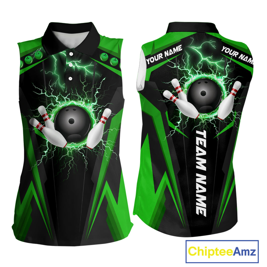 Black Women bowling Sleeveless Polo shirt Custom lightning thunder team league bowling jersey | Green NQS10374