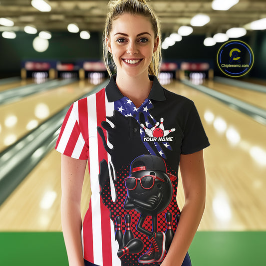 Personalized American flag bowling jersey funny bowling shirts, patriotic bowling outfits for women NQS11383