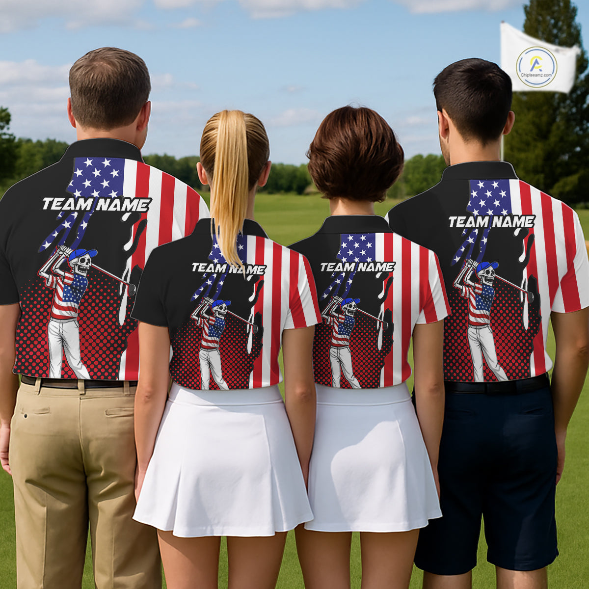 Personalized US flag golf shirts funny skull women's patriotic golf shirts custom ladies golf apparel NQS11384