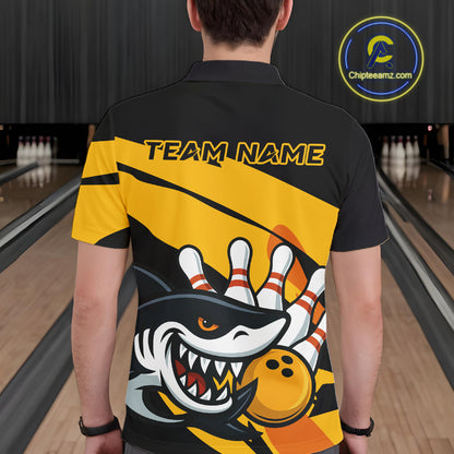 Black and yellow shark Bowling polo, quarter zip shirt for men custom Shark Bowling team league shirt NQS10393