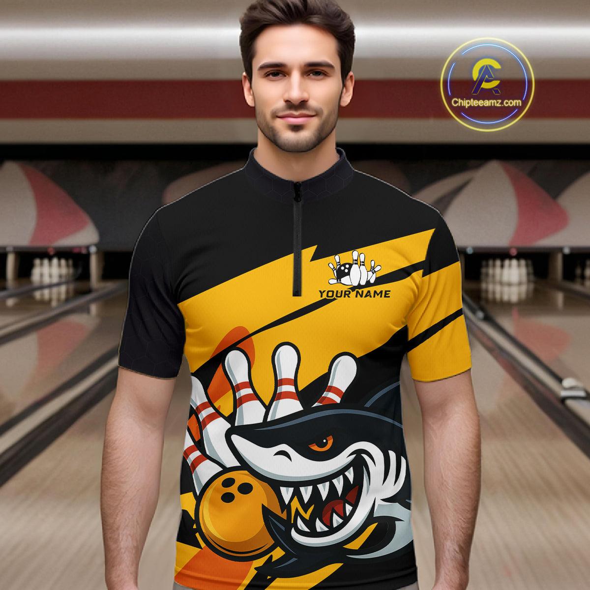 Black and yellow shark Bowling polo, quarter zip shirt for men custom Shark Bowling team league shirt NQS10393