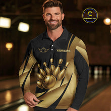 Load image into Gallery viewer, Black and Gold Mens Bowling Polo, Quarter Zip Shirts Custom Team Bowling League Jersey NQS10079