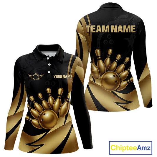 Black and Gold Women Bowling Polo, Quarter Zip Shirts Custom Team Bowling League Jersey NQS10079