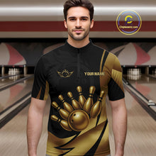 Load image into Gallery viewer, Black and Gold Mens Bowling Polo, Quarter Zip Shirts Custom Team Bowling League Jersey NQS10079