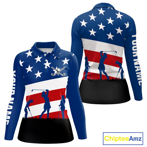 American Flag golf polo shirts for Women Custom Red, White and Blue Patriotic ladies golf attire NQS10230