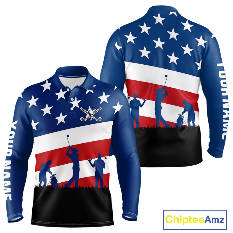 American Flag golf polo shirts for men Custom Red, White and Blue Patriotic mens golf attire NQS10230