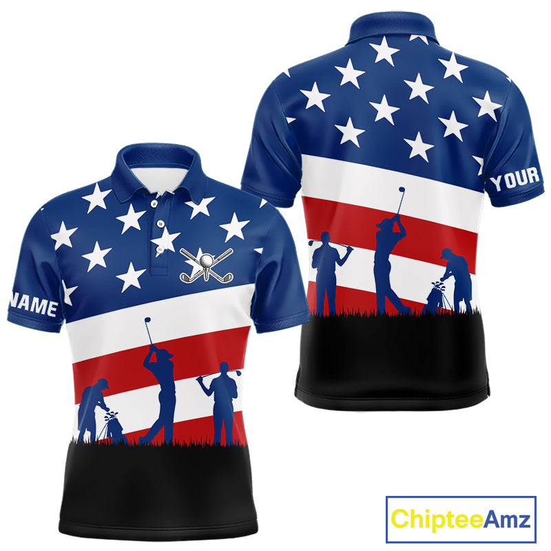 American Flag golf polo shirts for men Custom Red, White and Blue Patriotic mens golf attire NQS10230