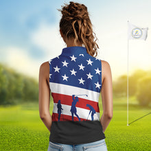 Load image into Gallery viewer, American Flag sleeveless golf polo shirt Custom Red, White and Blue Patriotic ladies golf attire NQS10230