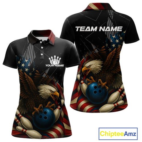 American Flag Eagle Black Bowling Shirts For Women Custom Patriotic Bowling Team Jersey Bowler gifts NQS10606