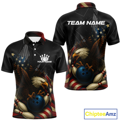 American Flag Eagle Black Bowling Shirts For Men Custom Patriotic Bowling Team Jersey gift for Bowler NQS10606