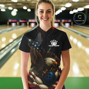 American Flag Eagle Black Bowling Shirts For Women Custom Patriotic Bowling Team Jersey Bowler gifts NQS10606
