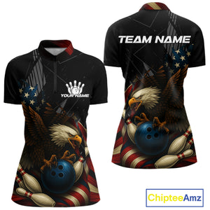 American Flag Eagle Black Bowling Shirts For Women Custom Patriotic Bowling Team Jersey Bowler gifts NQS10606