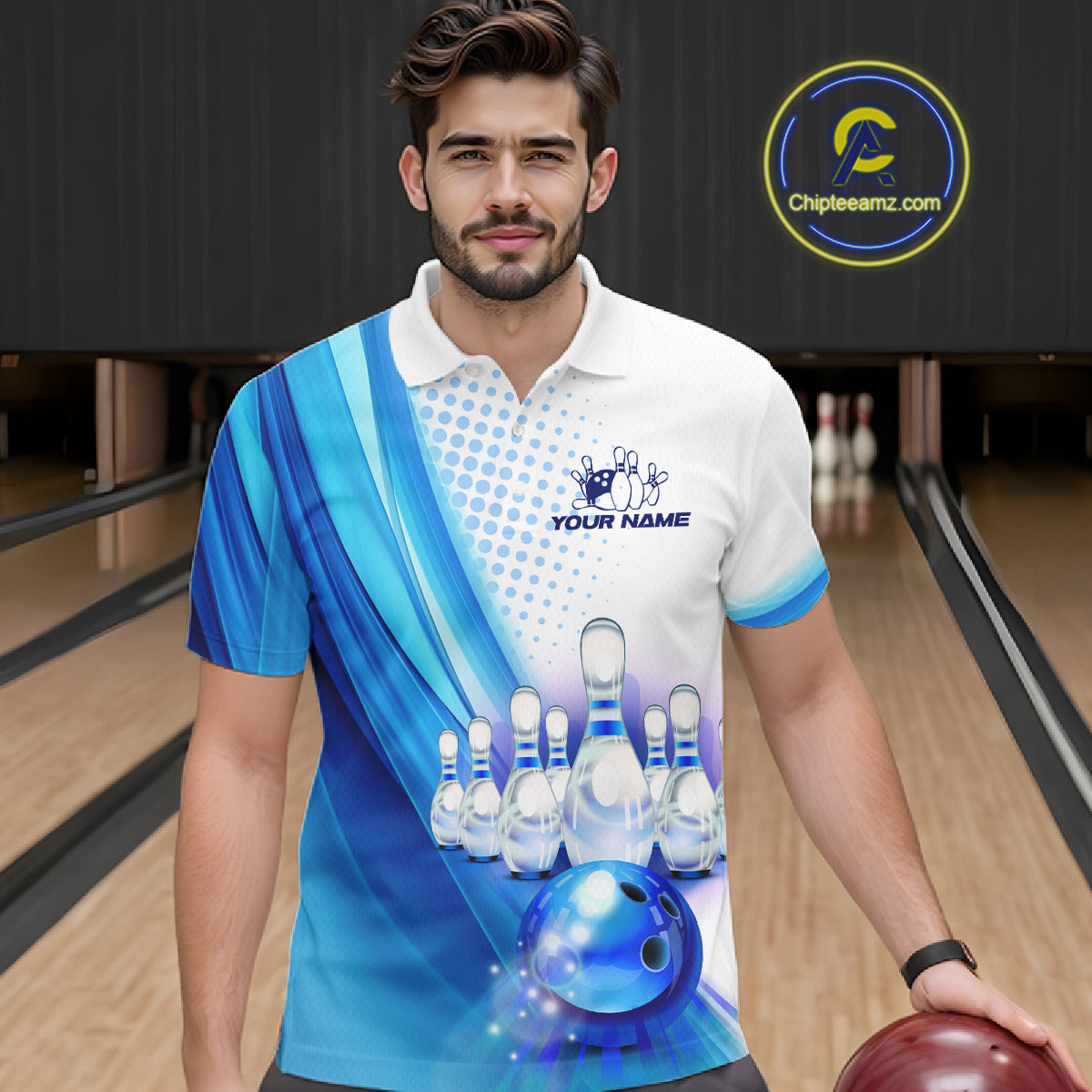 Custom Blue and White Bowling Mens Polo, Quarter Zip Shirts, Bowlers Outfit NQS10607